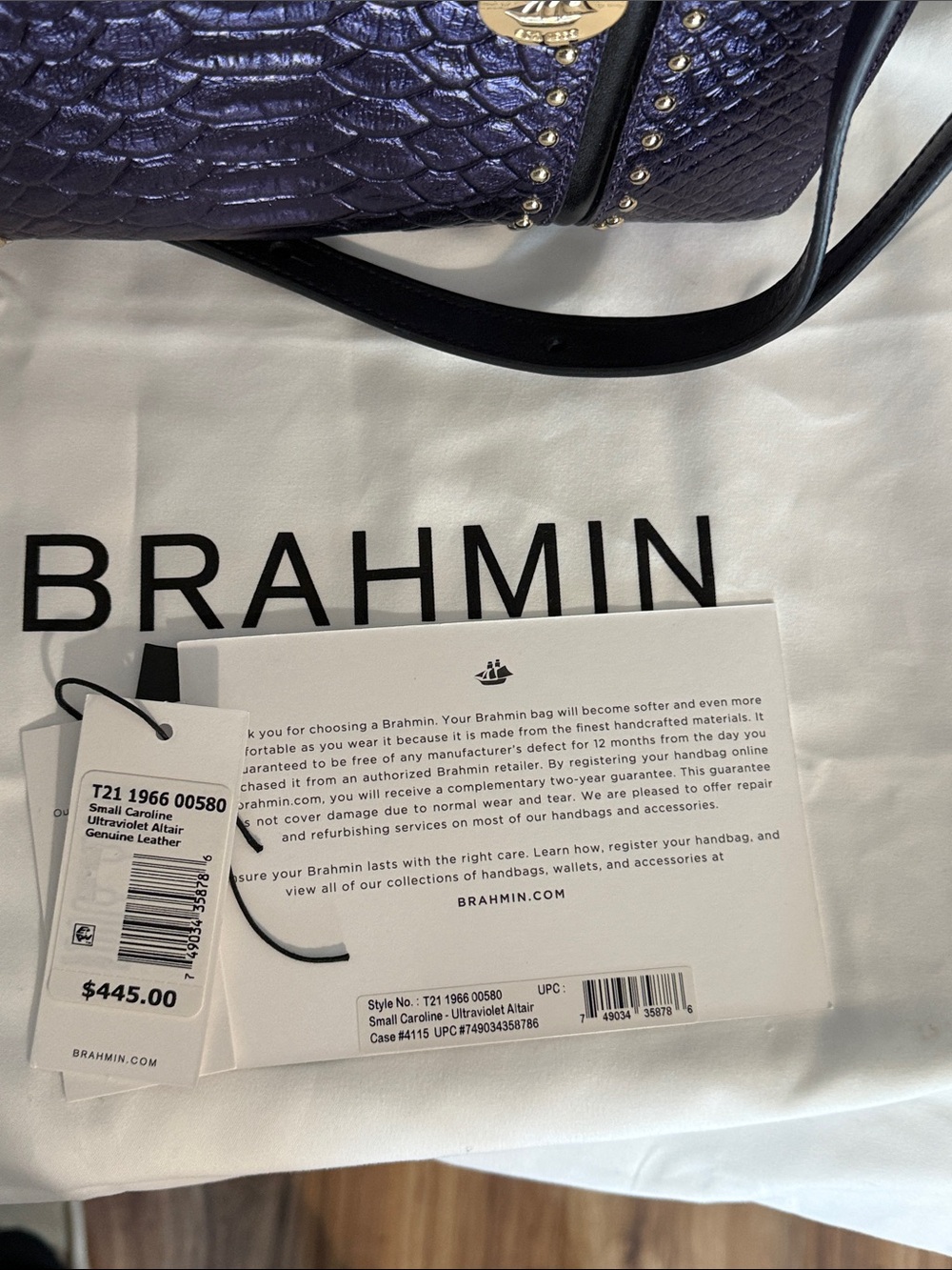 Brahmin Metallic Purple Embossed Satchel with Black Trim - Picture 2 of 5
